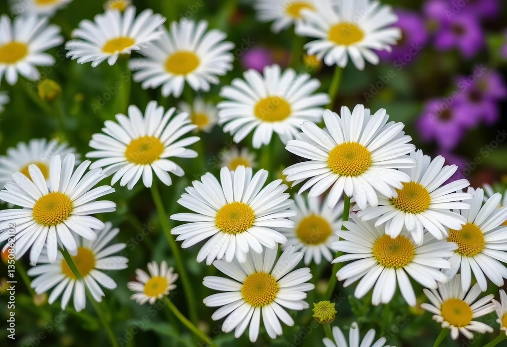 Close-up of vibrant white daisies blooming in a lush green border, ideal spring/summer background, vibrant, decoration Close-up of vibrant white daisies blooming in a lush green border, ideal spring/summer background, vibrant, decoration