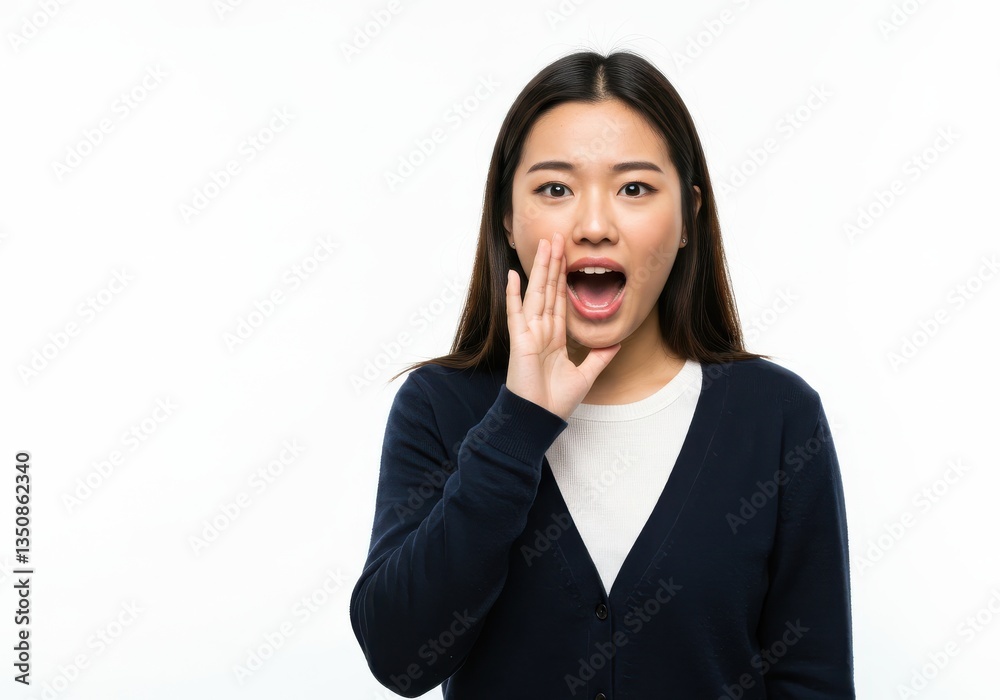 Asian woman in navy cardigan shouts with hand to mouth Asian woman in navy cardigan shouts with hand to mouth