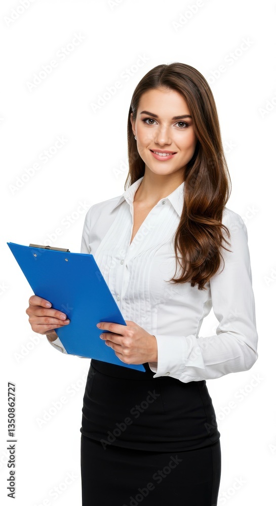 Woman in white shirt and black skirt holding a blue clipboard Woman in white shirt and black skirt holding a blue clipboard