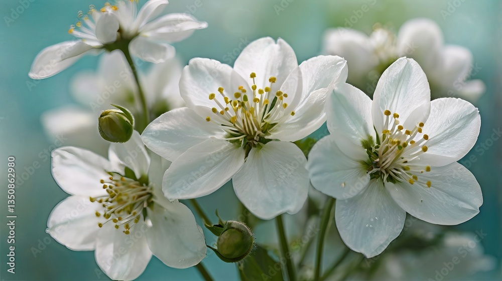 Delicate white flowers with yellow stamens, softly illuminated in a serene, pastel background. Delicate white flowers with yellow stamens, softly illuminated in a serene, pastel background.