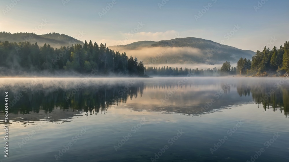 A tranquil morning scene at a misty lake, surrounded by lush green hills and trees reflecting on the calm water. A tranquil morning scene at a misty lake, surrounded by lush green hills and trees reflecting on the calm water.