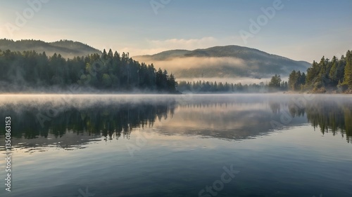 A tranquil morning scene at a misty lake, surrounded by lush green hills and trees reflecting on the calm water.