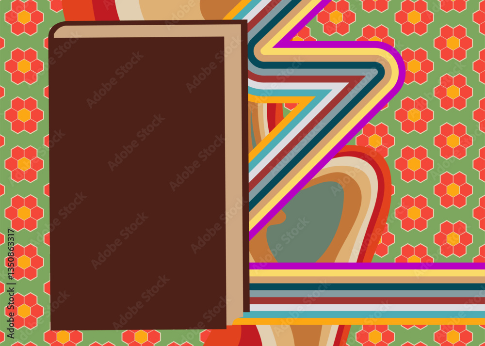 Retro 70s Background with Book. Groovy Education 1970s art template. Minimalistic Vintage design poster. Old-fashioned color artwork.
