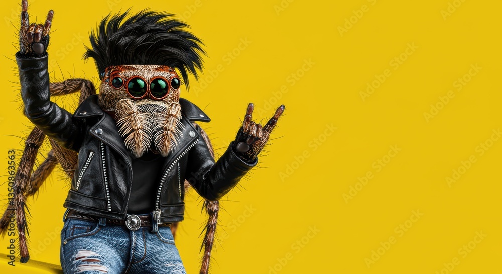 Stylish spider in leather jacket with mohawk and jeans on vibrant yellow background Stylish spider in leather jacket with mohawk and jeans on vibrant yellow background