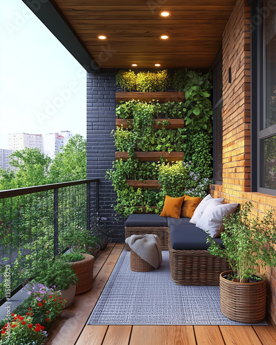 Stylish balcony garden with vertical plant wall, cozy seating, and greenery, perfect for relaxing in an urban apartment setting.  