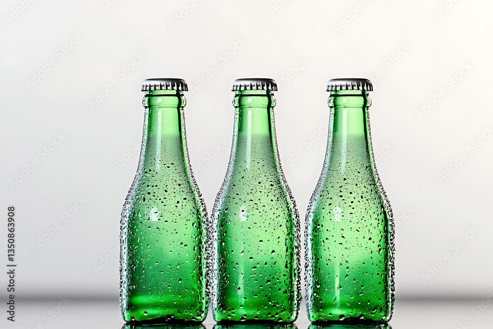 Three Green Glass Bottles with Condensation, Minimalist Studio Shot Three Green Glass Bottles with Condensation, Minimalist Studio Shot