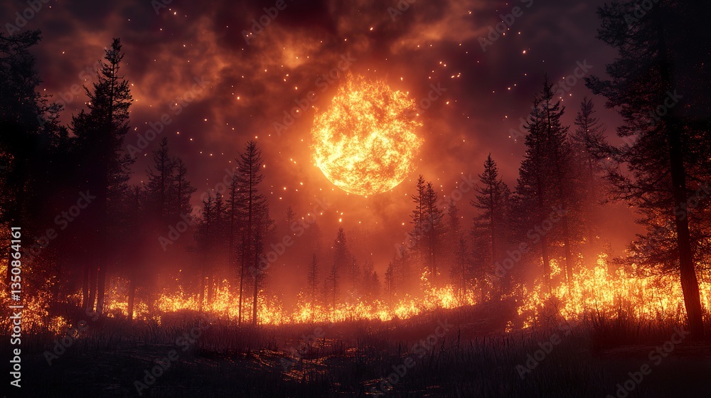 A burning forest scene with a large luminous celestial body A burning forest scene with a large luminous celestial body