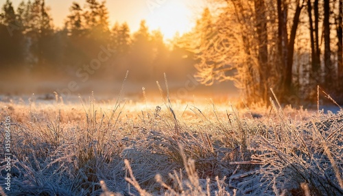 frost blanketed grass in wintry weather sunrise with glowing daylight thru timber