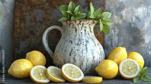 Lemons, Mint, and Pitcher Still Life