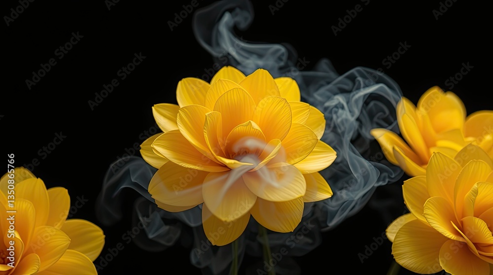 Obraz premium Vibrant yellow flowers gracefully emerge from a dark backdrop with ethereal wisps of smoke curling around creating a striking and artistic composition