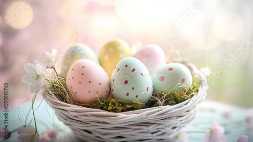 Colorful Easter eggs in spring grass with pastel flowers, embodying joy and renewal.

