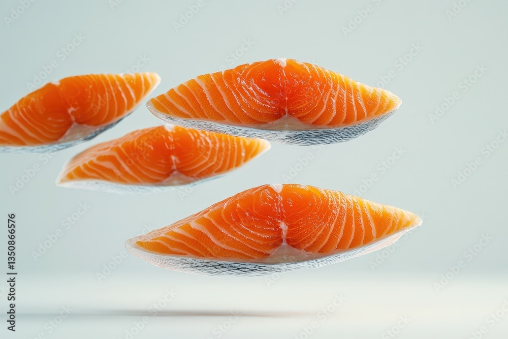 Four fresh orange salmon slices are floating gently in the air Four fresh orange salmon slices are floating gently in the air