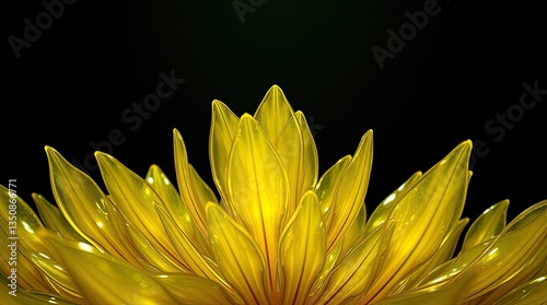 A close up view of vibrant yellow petals showcases their delicate texture and shape illuminated by subtle lighting against a dark background