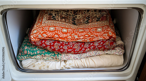 A quirky pile of pillows inside a microwave creating a fun and unexpected visual that challenges conventional home decor norms.