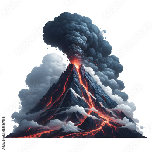 Smoking volcano with lava flowing down isolated on a white background