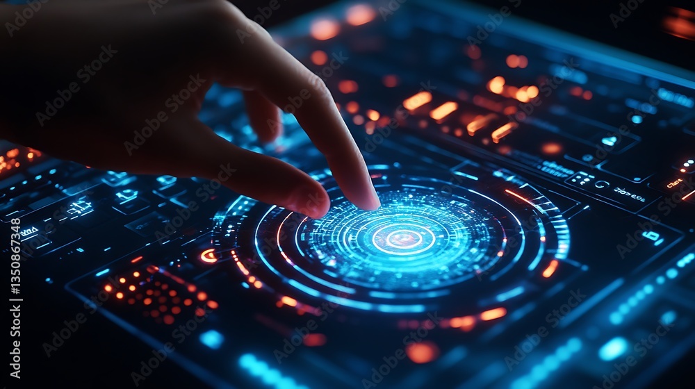 Obraz premium A person touching a digital interface with illuminated glowing elements