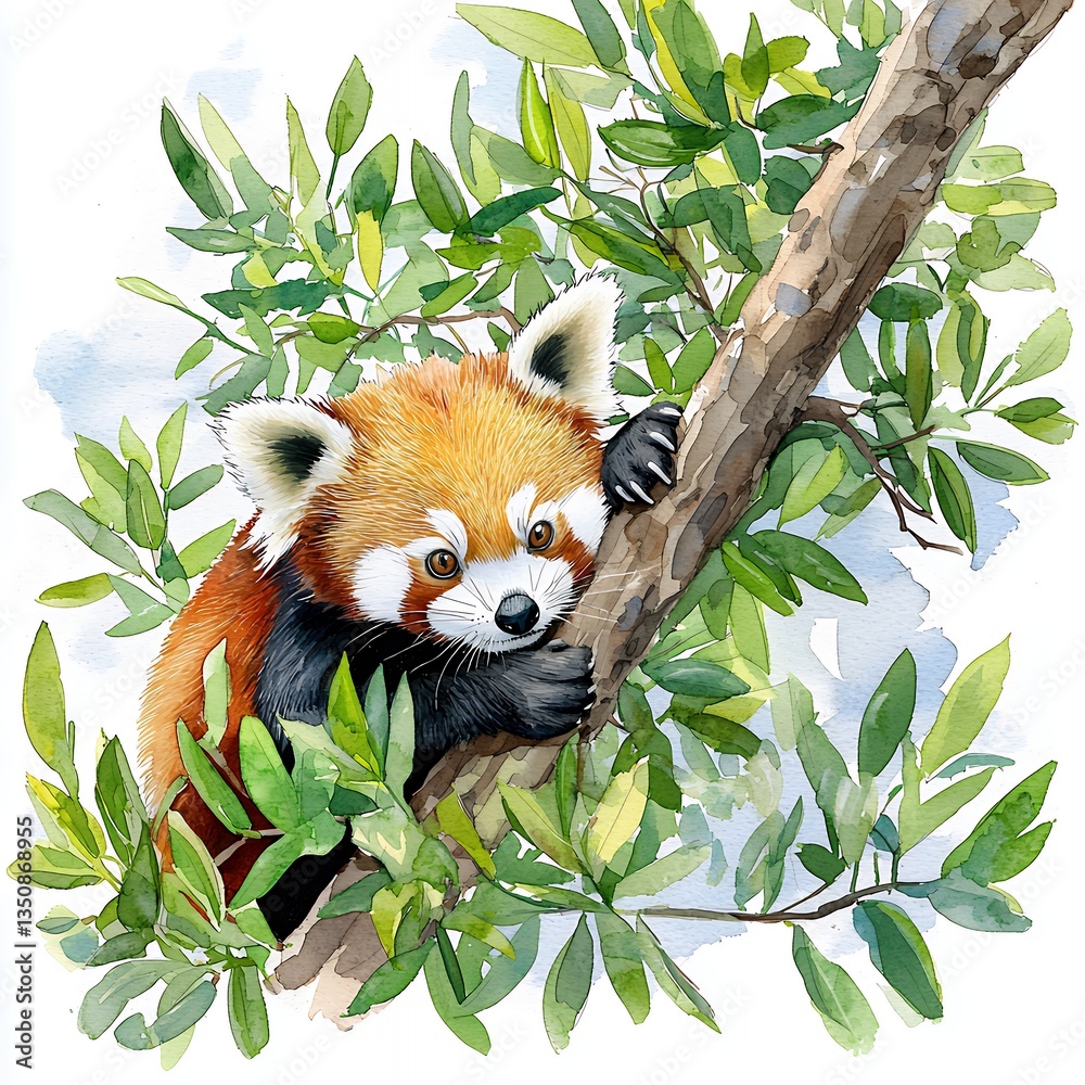 Watercolor Painting of Red Panda Cub on Tree Branch Watercolor Painting of Red Panda Cub on Tree Branch