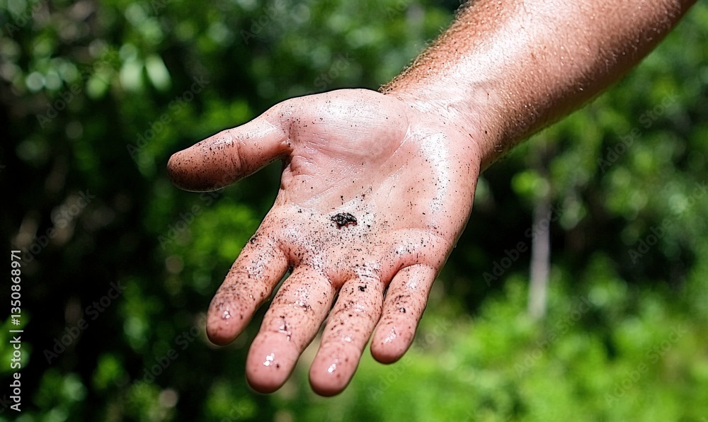 Close-up of a Hand with Soil and a Small Pebble Against a Lush Green Background in a Natural Outdoor Setting Close-up of a Hand with Soil and a Small Pebble Against a Lush Green Background in a Natural Outdoor Setting