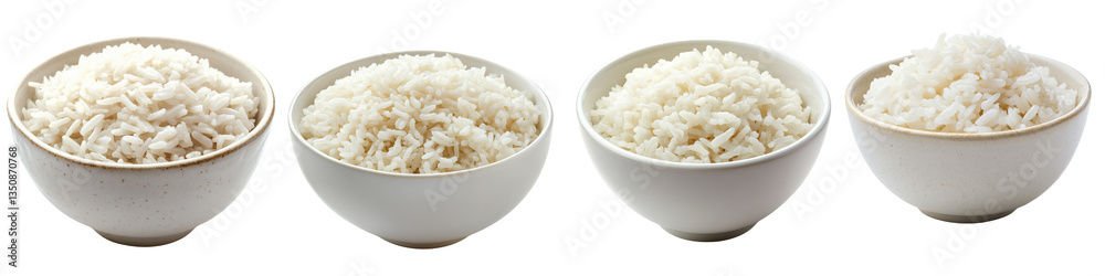 Collection of bowls of cooked white rice served in a plain white bowl, Isolated on white or transparent background Collection of bowls of cooked white rice served in a plain white bowl, Isolated on white or transparent background