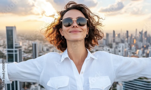 Joyful woman in sunglasses standing on rooftop with arms wide open, city skyline and sunset in background, expressing happiness and freedom