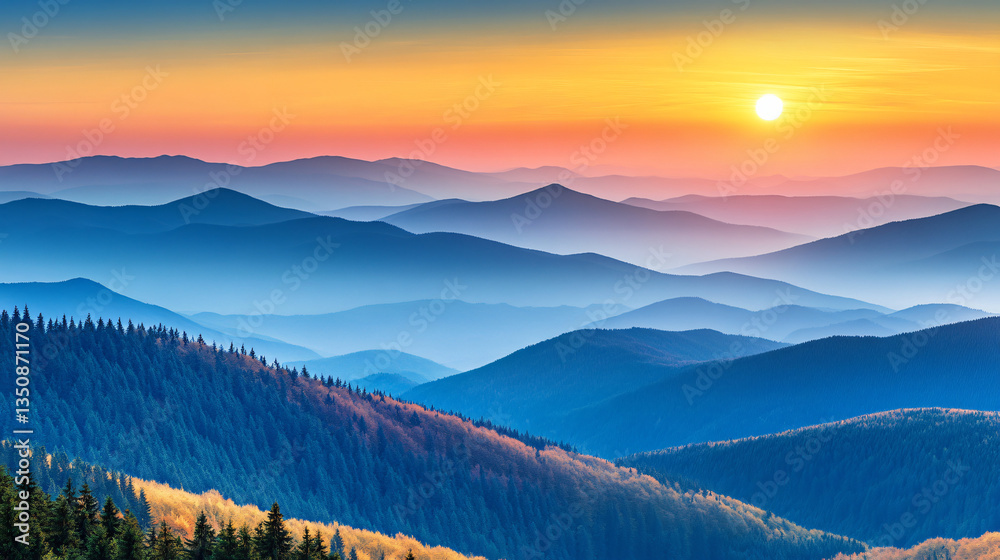 Obraz premium Breathtaking mountain range silhouetted against a stunning sunset sky with brilliant shades of color captured in a picturesque landscape.