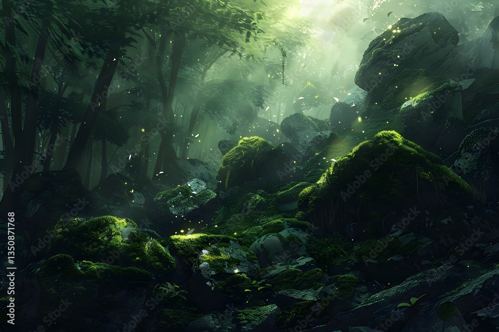 Mystical Forest Scene with Mossy Rocks, Glowing Light, and Fantasy Atmosphere Mystical Forest Scene with Mossy Rocks, Glowing Light, and Fantasy Atmosphere