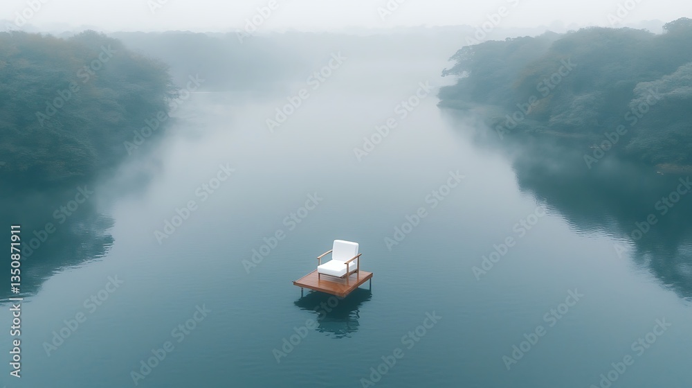 Naklejka premium Misty Lake Solitude: Chair on Calm Waters.