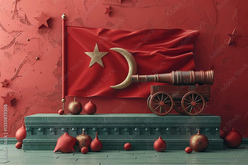 Fototapeta premium Ornate Red Flag, Cannon, and Decorations on a Teal Pedestal, Historical Setting
