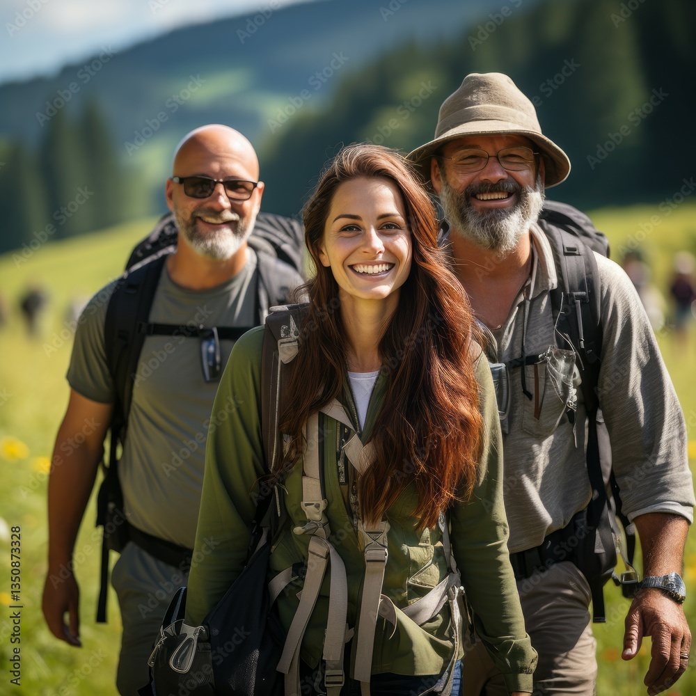 Fototapeta premium Portrait of a happy group of people hiking in the mountains. Happy senior people on vacation. Middle aged cheerful group hiking in the mountains. Beautiful smiling caucasians trekking outdoors.