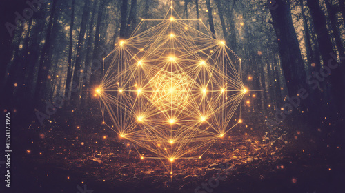 Enigmatic sacred object nestled in the woods surrounded by nature?s beauty and circular geometric patterns that evoke spiritual reflection at twilight.