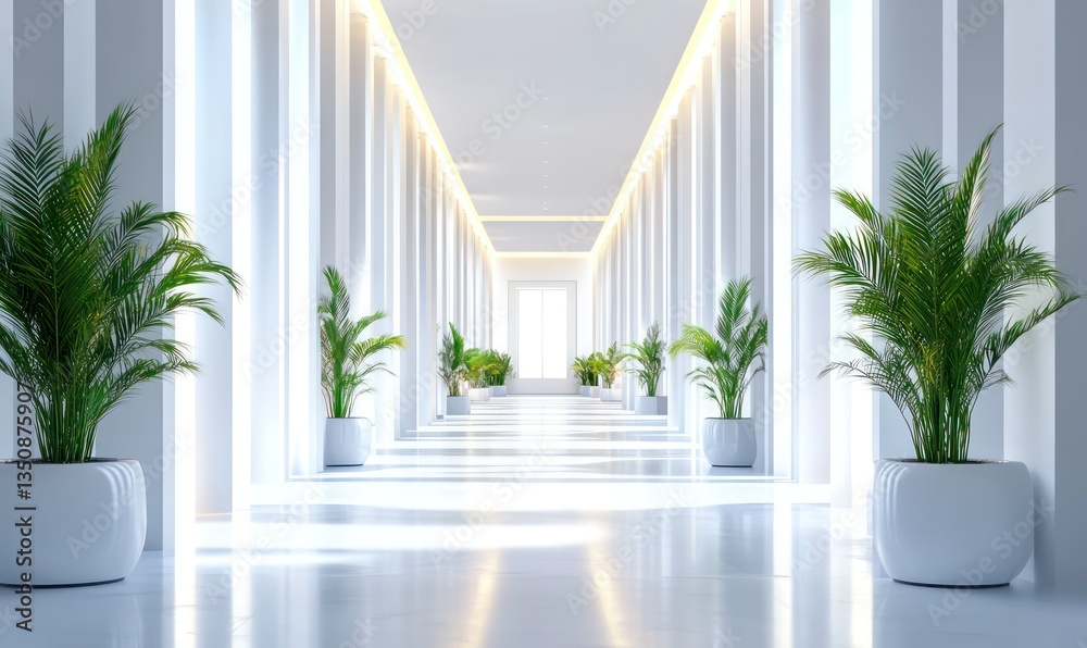 Fototapeta premium Bright hallway, plants, columns, sunlight, modern architecture, interior design