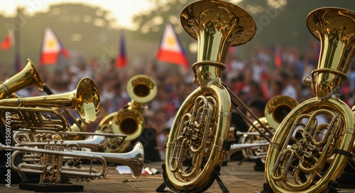 Brass Band Performance at Sunset: Golden Horns and Festive Flags