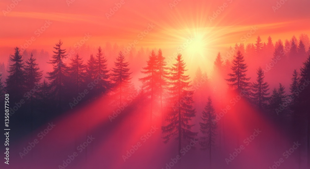 Radiant sunset shining through forest trees during a hazy atmosphere Radiant sunset shining through forest trees during a hazy atmosphere