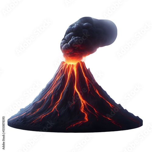 Smoking volcano with lava flowing down isolated on a white background