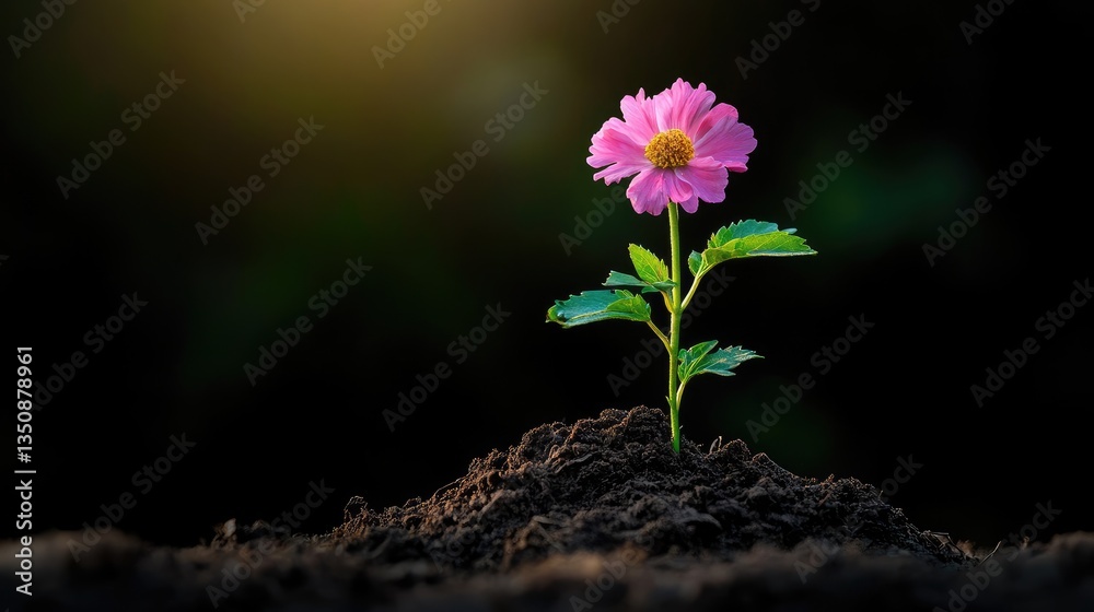 Solitary Pink Flower Growing in Rich Soil Against Dark Background Solitary Pink Flower Growing in Rich Soil Against Dark Background