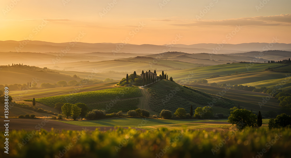 Naklejka premium Golden Sunset Over Tuscany’s Rolling Fields, A Tranquil Summer Landscape