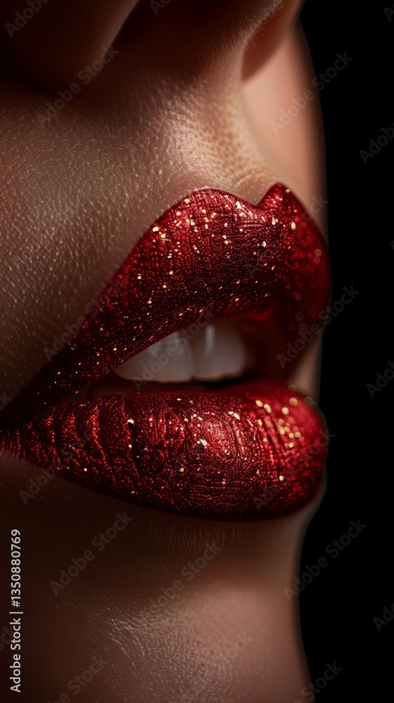 Obraz premium Close up of Woman s Lips with Red Glittery Lipstick Sensual Makeup Beauty Shot