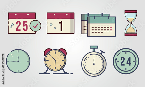 Calendar clock alarm hourglass and a stopwatch logo or icon.