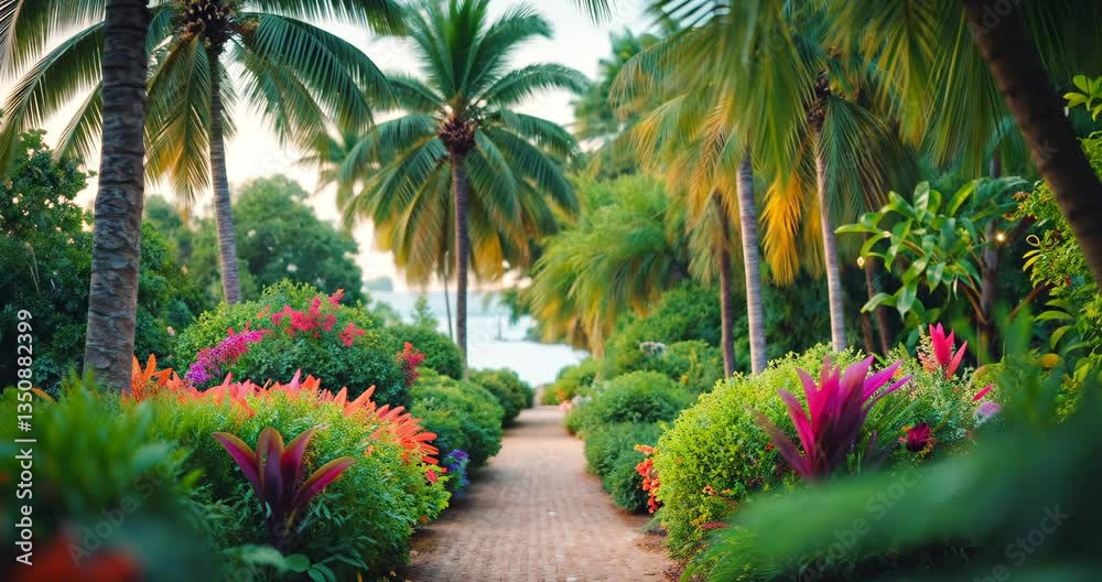 Blurred nature bokeh in a green park by the beach with tropical coconut trees. Blurred nature bokeh in a green park by the beach with tropical coconut trees.