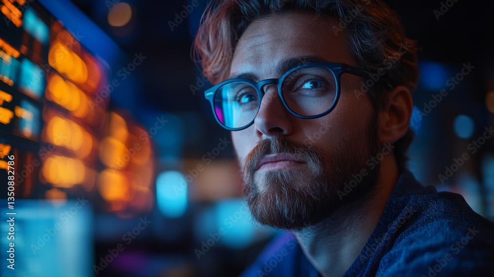 Data analyst working late in a high-tech office cybersecurity insights modern environment introspective view Data analyst working late in a high-tech office cybersecurity insights modern environment introspective view