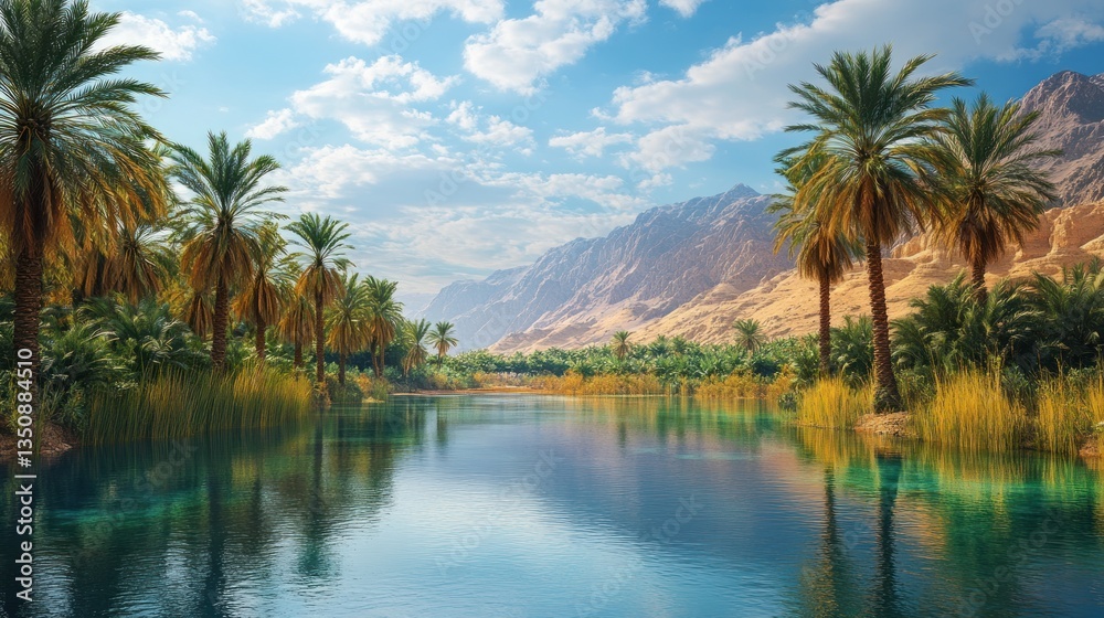 Serene oasis landscape with lush palm trees reflecting in tranquil water against a backdrop of majestic mountains and a bright sky Serene oasis landscape with lush palm trees reflecting in tranquil water against a backdrop of majestic mountains and a bright sky