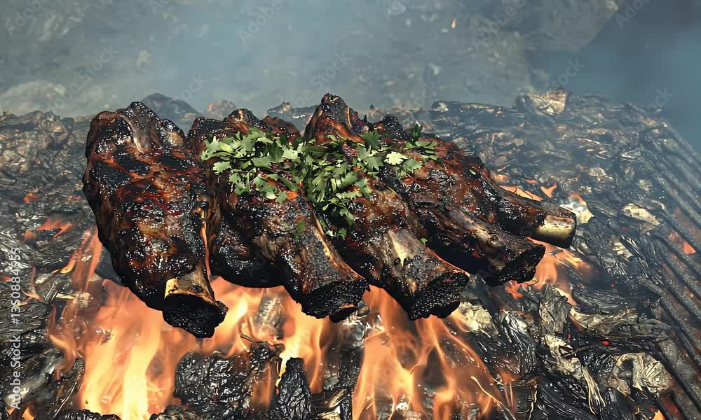 Grilled beef short ribs cooking on open fire, close-up view; smoky background; ideal for culinary websites or cookbooks