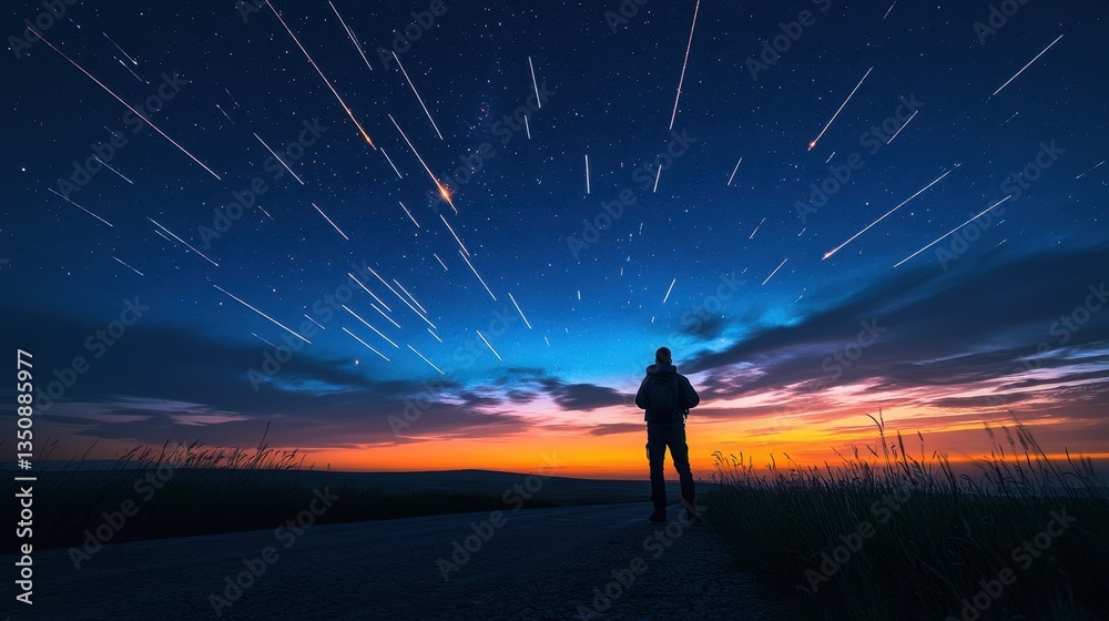 Star Trails Over Horizon at Sunset with Silhouette of a Person Star Trails Over Horizon at Sunset with Silhouette of a Person