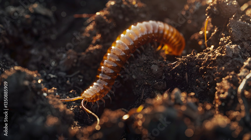 Close-Up Shot of a Brown Earthworm Burrowing in Moist Soil Under Sunlight