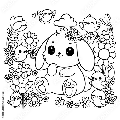 Schilderij op canvas Kawaii Bunny Floral in Spring Doodle Line
