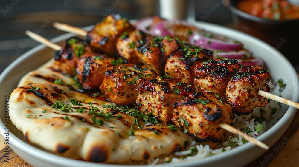 Pakistani chicken tikka skewers naan bread grilled and arranged neatly served on a white dish clean background Pakistani chicken tikka skewers naan bread grilled and arranged neatly served on a white dish clean background