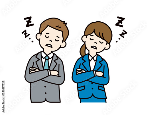 腕を組んで居眠りする、男女の会社員のシンプルなベクターイラスト素材＿カラー