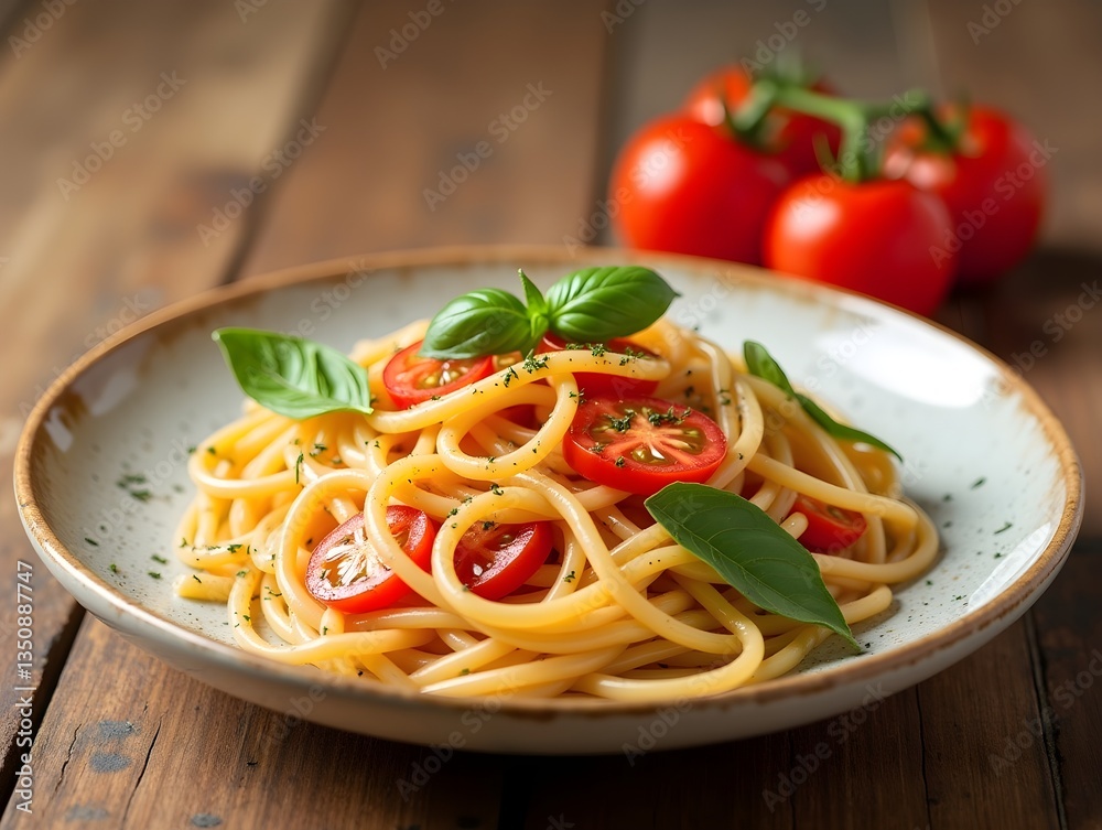 Delicious spaghetti served with fresh tomatoes and basil on a wooden table. Delicious spaghetti served with fresh tomatoes and basil on a wooden table.