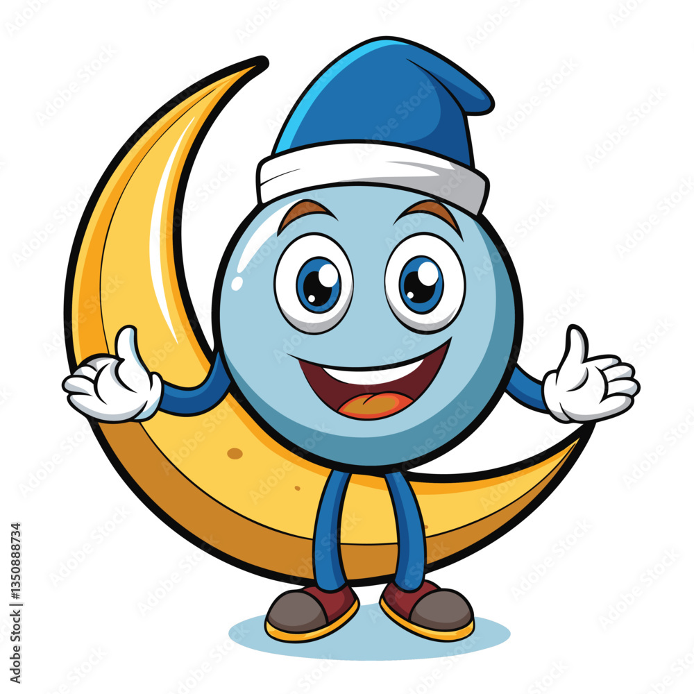 Obraz premium Happy moon character with a sleeping hat