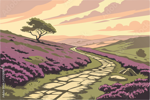 Obraz na plátne 31 Scenic moorland path, stone walkway, blooming purple heather, rolling hills,